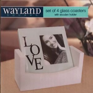 4 GLASS PHOTO COASTERS WITH WOODEN HOLDER. NEW